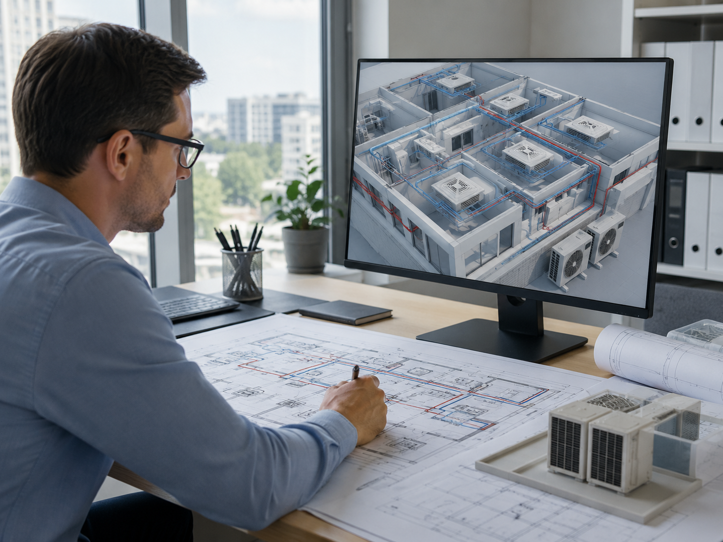 Инженер проектирует VRF-систему по чертежам и 3D-модели